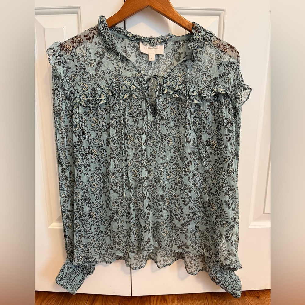 Cleobella Loretta Iris Floral Print Chiffon Puff Sleeve Blouse Size Small